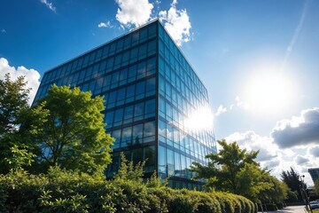 Modern building with a landscaped garden and sunlight filtering through the trees, creating a serene and inviting environment.