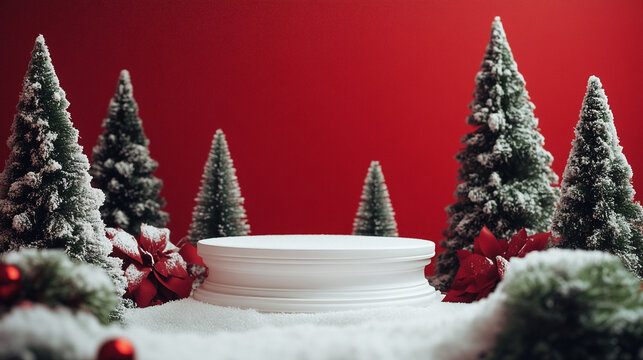 Christmas Day podium surrounded by festive greenery and decorations in a holiday setting