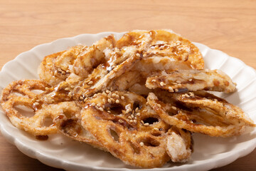 ごぼうと蓮根の甘だれ揚げ