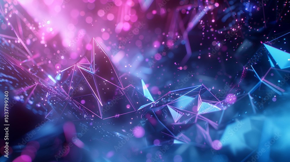 Poster tech background wallpaper abstract tech landscape with low-poly shapes and neon grids, illuminated b