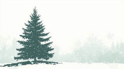 Fototapeta premium Green pine tree against a misty soft backdrop. Peaceful and serene winter landscape. Ideal for minimalist holiday cards, winter-themed designs, or backgrounds.