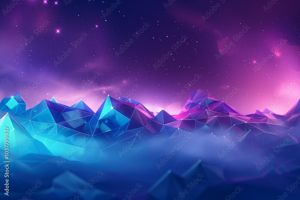 Poster tech background wallpaper abstract tech landscape with low-poly shapes and neon grids, illuminated b