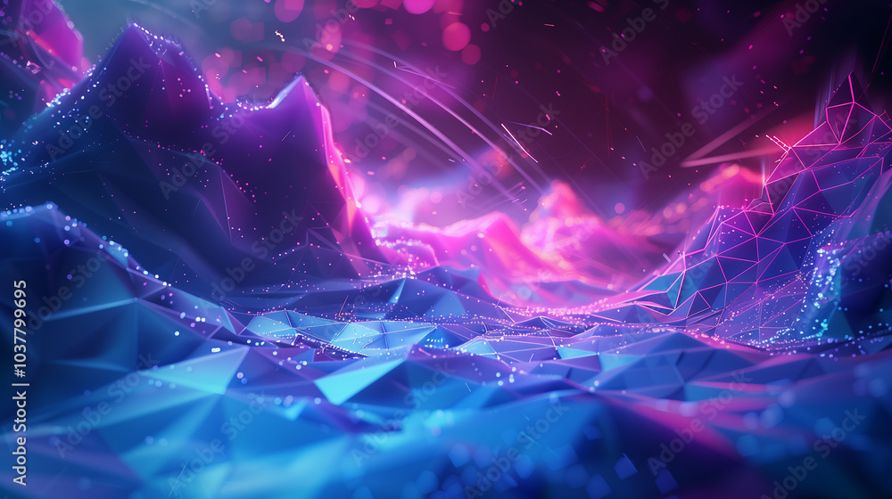 Poster tech background wallpaper abstract tech landscape with low-poly shapes and neon grids, illuminated b