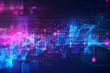 tech background wallpaper Abstract tech landscape with low-poly shapes and neon grids, illuminated by soft blue and purple cybernetic light.