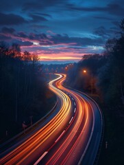 Colorful sunset illuminates winding road with flowing traffic at twilight. Generative AI