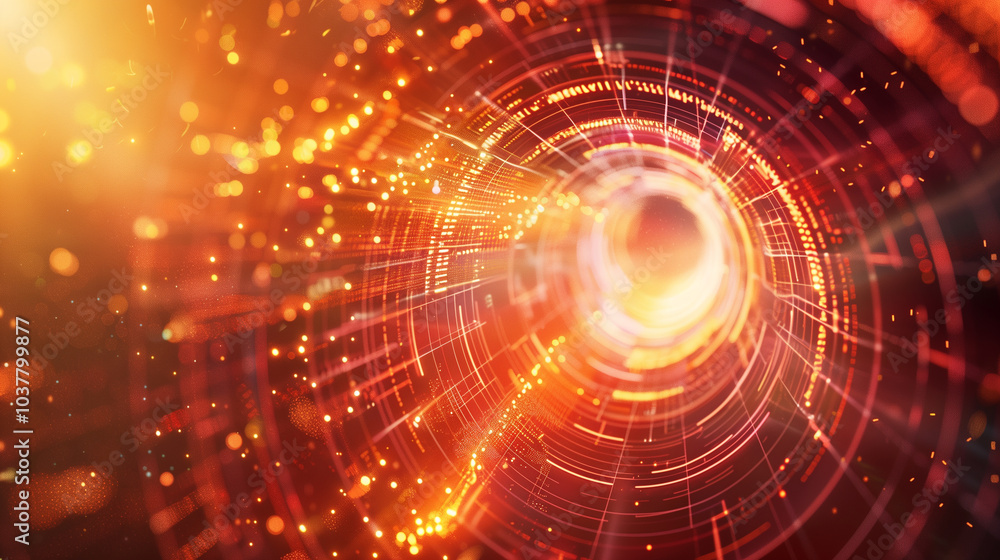 Poster tech background wallpaper glowing concentric circles and data particles, creating a vortex-like effe