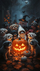 Haunted Halloween Woods: Twisted Trees, Glowing Eyes in the Dark, and Ghostly Figures Walking Amongst the Shadows as Trick-or-Treaters in Costumes Roam the Spooky Forest Paths