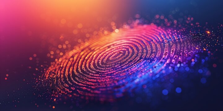Colorful fingerprint design illuminated by vibrant lights in a dark setting. Generative AI