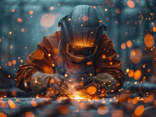 A welder skillfully performs intricate metalwork amid flying sparks at night. Generative AI