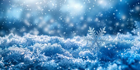 Fototapeta premium A close-up view of snowflakes on a shimmering blue surface during winter. Generative AI