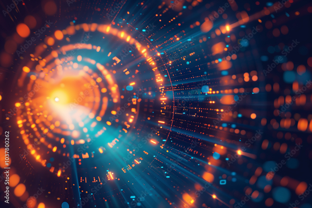 Poster tech background wallpaper glowing concentric circles and data particles, creating a vortex-like effe