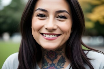 closeup portrait photo of beautiful happy smiling young woman with a tattooed face, wearing casual clothes. dark hair,  expression, confident, joyful, vibrant, inked, female, fashion, relaxed, cute