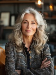 Obraz premium Elegant mature woman with long gray hair posing confidently in a cozy café. Generative AI