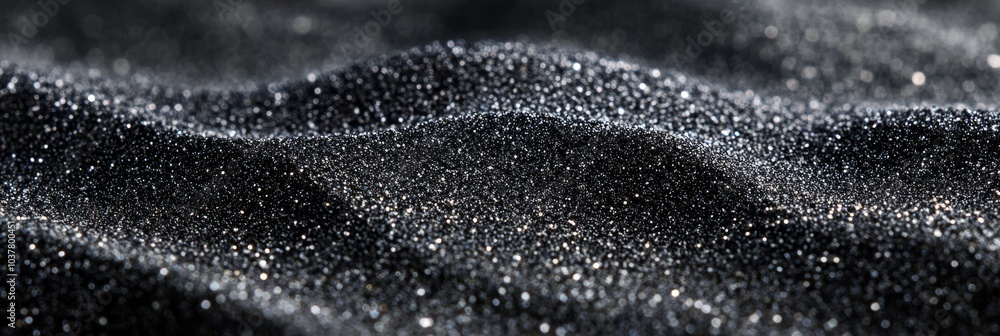 Poster a shimmering black surface resembling sand, with gentle waves reflecting light, creating a mesmerizi
