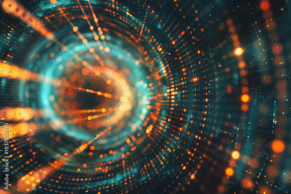 Poster tech background wallpaper glowing concentric circles and data particles, creating a vortex-like effe