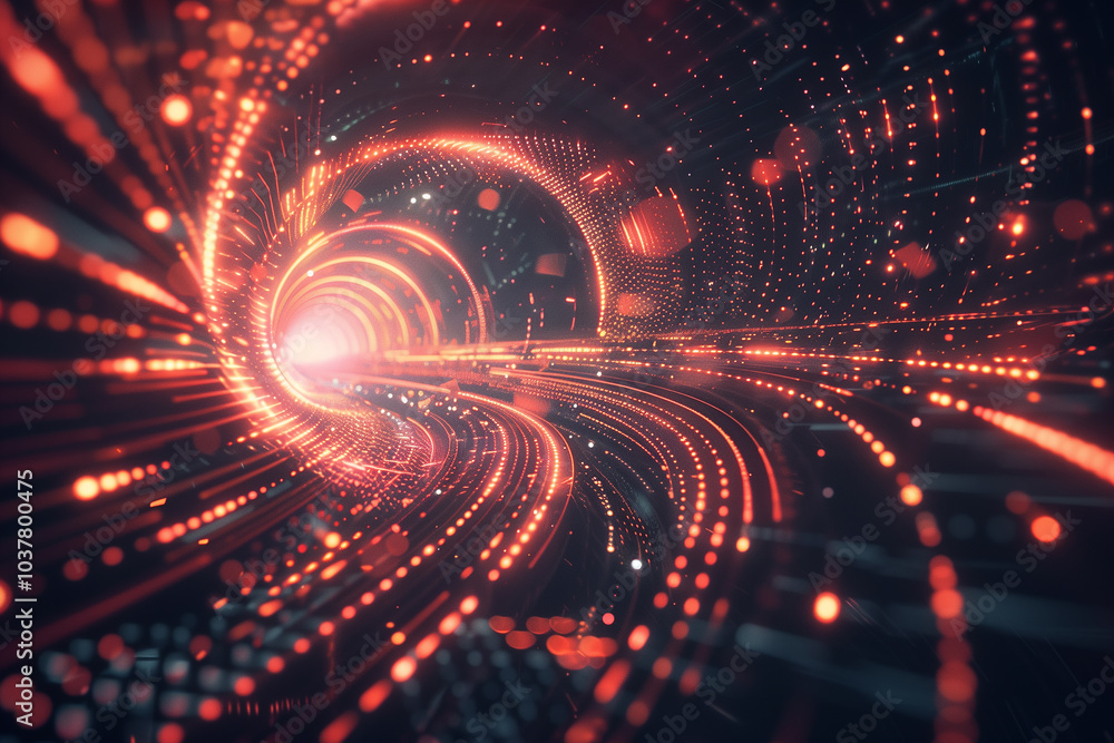 Poster tech background wallpaper glowing concentric circles and data particles, creating a vortex-like effe