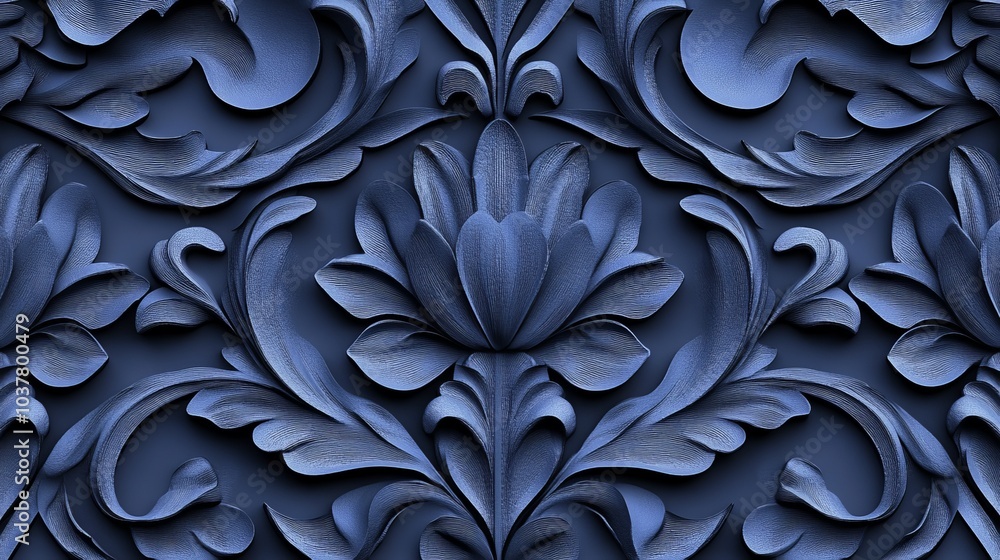 Wall mural A detailed blue floral relief pattern, showcasing intricate designs and textures.