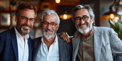 Three smiling men with glasses posing together in a cozy cafe setting. Generative AI