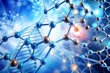 Abstract futuristic background with close-up of red and silver carbon atom model, macro view on scientific backdrop for medical or technology concept