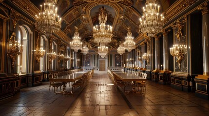 Obraz premium Grand Hall with Chandeliers and a Long Table