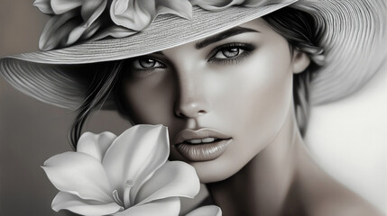 A woman's head, surrounded by flowers and leaves, black and white photo