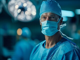 Surgeon in scrubs prepares for a procedure in an operating room at night. Generative AI