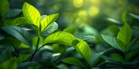 Obraz premium Lush green leaves basking in sunlight during a serene afternoon in nature. Generative AI