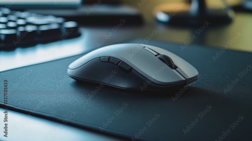 Aufkleber close-up of a wireless gaming mouse with sleek curves resting on a precise mouse pad, captured on a 