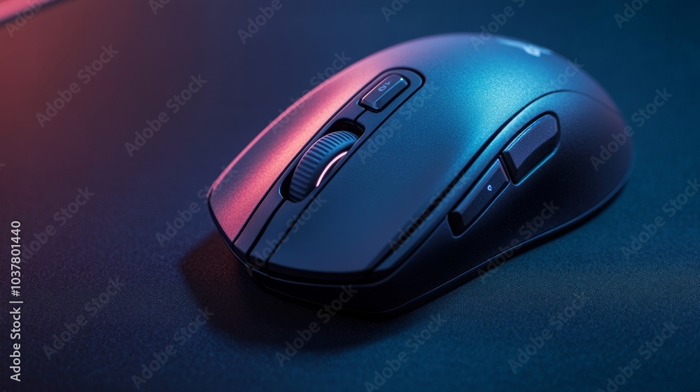 Aufkleber close-up of a wireless gaming mouse with sleek curves resting on a precise mouse pad, captured on a 