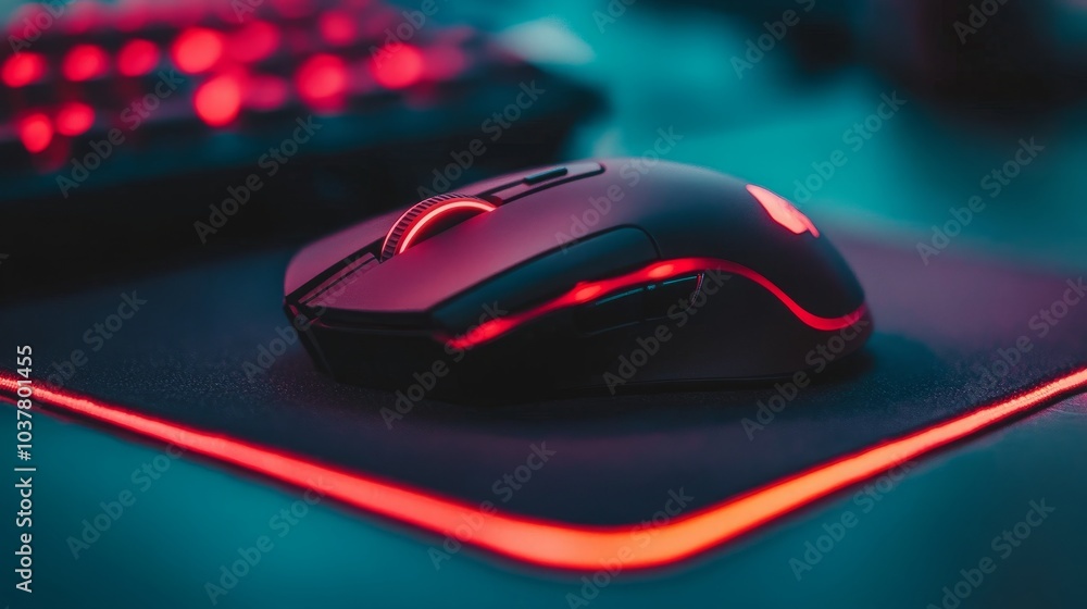 Aufkleber close-up of a wireless gaming mouse with sleek curves resting on a precise mouse pad, captured on a 