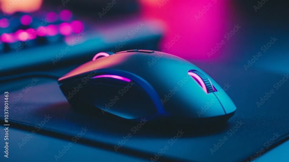 Poster close-up of a wireless gaming mouse with sleek curves resting on a precise mouse pad, captured on a 