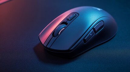 Close-up of a wireless gaming mouse with sleek curves resting on a precise mouse pad, captured on a black surface