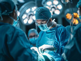 Surgeons performing a complex operation in a modern operating room setting. Generative AI