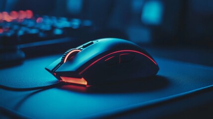 Gaming gear featuring a modern mouse with LED lighting on a soft professional pad, framed by a black backdrop
