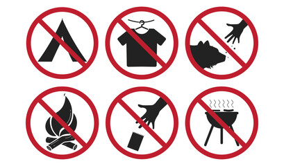 Bundle set prohibition sign camping, outdoor, feed bear, hung clothes, throw trash, outdoor forest safety sign