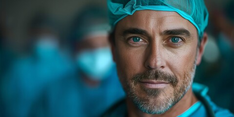 Surgeon in scrubs smiles confidently in an operating room during a procedure. Generative AI