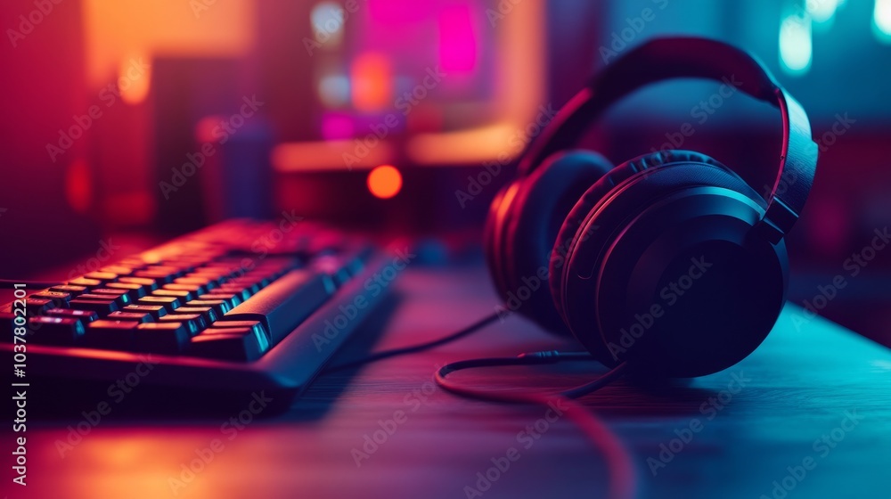 Poster modern desk scene showcasing a high-tech headset resting beside a compact mechanical keyboard under 