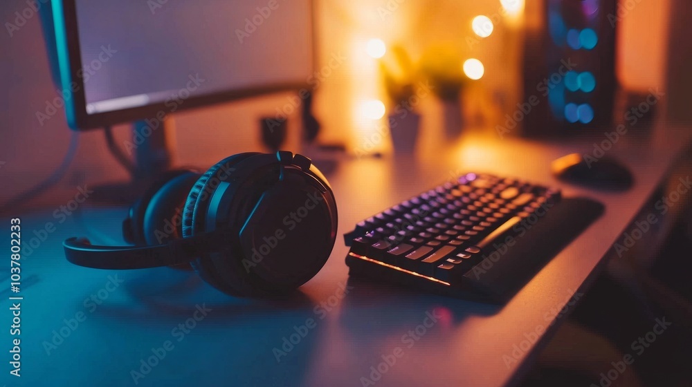 Poster modern desk scene showcasing a high-tech headset resting beside a compact mechanical keyboard under 