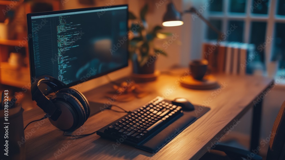 Poster modern desk scene showcasing a high-tech headset resting beside a compact mechanical keyboard under 