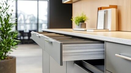 Fototapeta premium Open drawers of filing cabinets for storing data, archives and documents in an office setting..