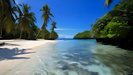 remote island beach with clear blue lagoon coconut trees lining shore