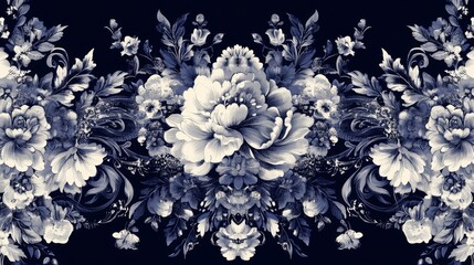 A floral pattern featuring intricate blue and white flowers on a dark background.