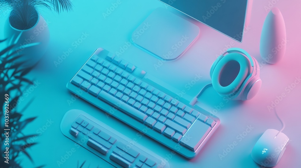 Poster simple workspace with a cutting-edge wireless headset and a compact keyboard arranged neatly for a f