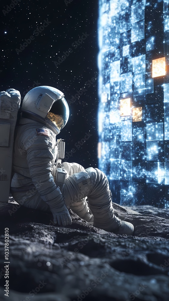 Wall mural an astronaut in a white spacesuit sits on the moon, gazing at a digital structure.