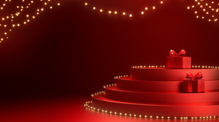 A festive Christmas Day podium adorned with red gift boxes and shimmering lights