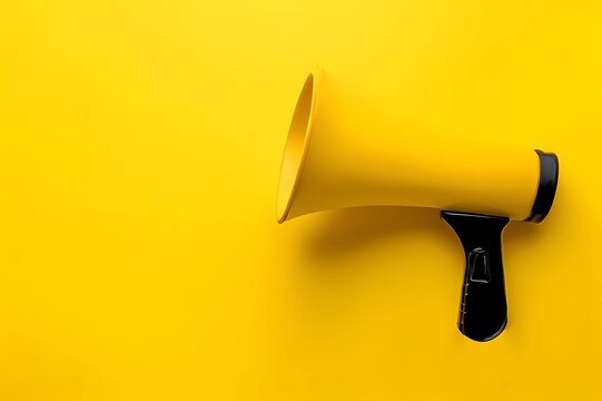 Bright yellow megaphone placed against a vibrant yellow background for attention-grabbing announcements and events