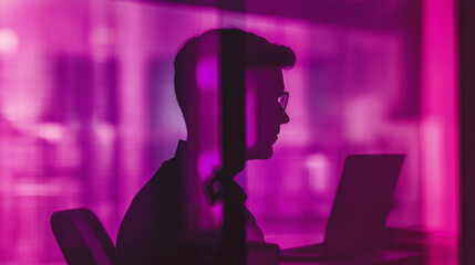 Cybersecurity, Man On Laptop In Purple Hue