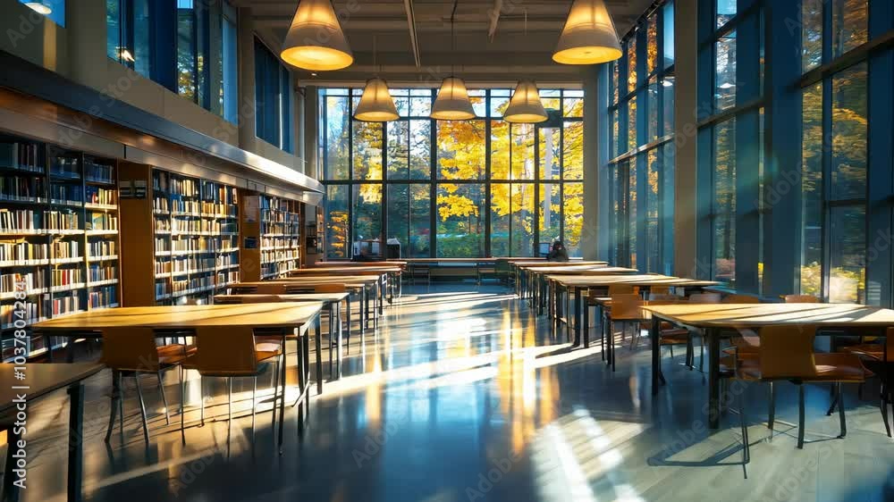 Poster A large library with many tables and chairs