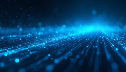3D graphics with glowing particles and undulating terrain, glowing blue lines and particles. Abstract blue background