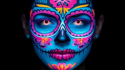 Naklejka premium Vibrant celebration of life and death a mesmerizing dia de los muertos makeup artistry with bright colors and intricate designs